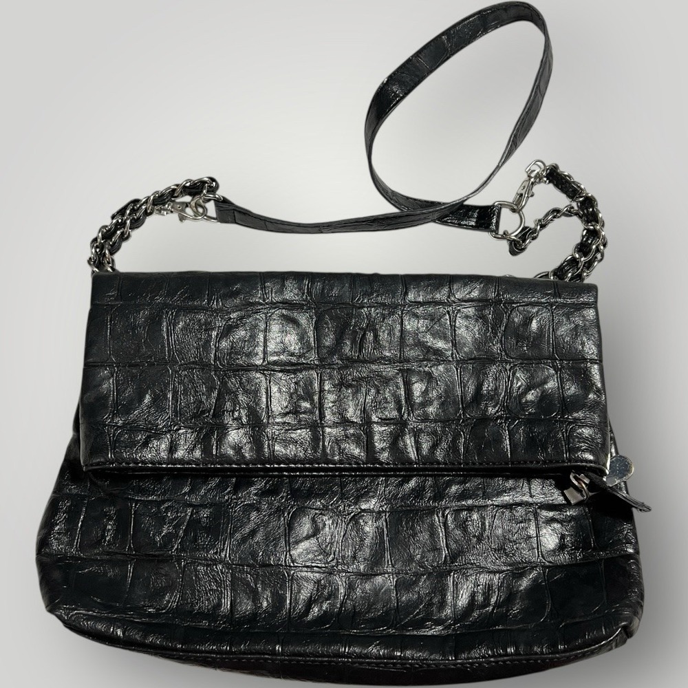 Nicole Miller Faux Leather Croc Embossed Fold Over Shoulder Bag‎ Roomy Mob Wife